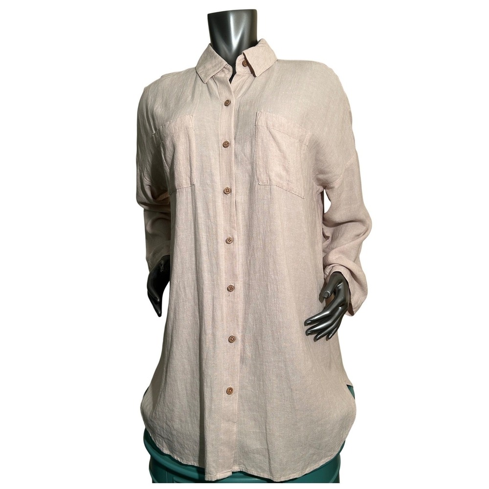 Pure Jill Womens Linen Blend Button Down Tunic Shirt Belted Beige Petite Large